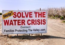Sign, “Help! Solve The Water Crisis,” posted by a flowering almond orchard, addresses the lack of water for agricultural use–Bakersfield, CA
