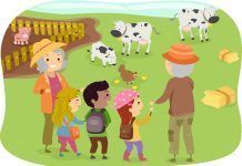 Illustration of a Group of Kids Touring a Farm with Their Grandparents